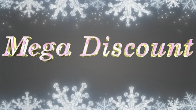 Mega Discount text design is decorated with glistening winter snowflakes against a neutral gray background.