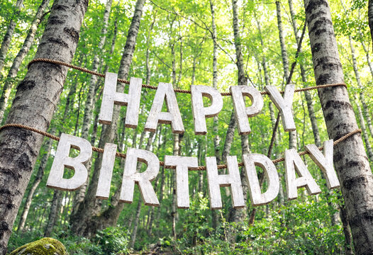 Happy birthday wooden sign hanging between trees in a lush green forest celebration setup