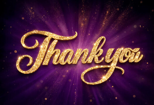 Sparkling golden thank you glitter text with radiant light beams and purple backdrop perfect for appreciation cards