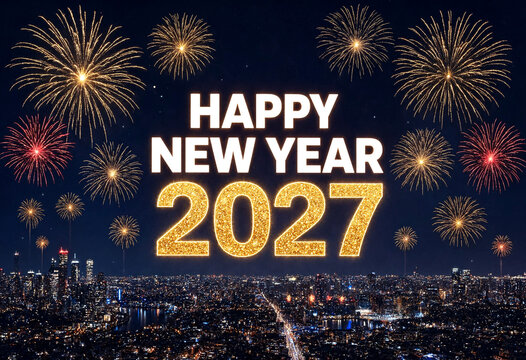 Spectacular happy new year 2027 celebration with fireworks over a vibrant cityscape at night time