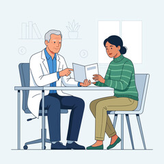 Fototapeta premium Doctor advising patient, showing information from a brochure in a modern clinic setting. Vector illustration.
