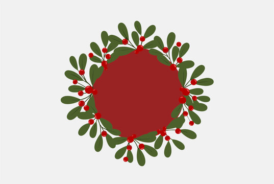 Simple botanical wreath made of green leaves and small red berries arranged in a circular frame on a plain light grey background.