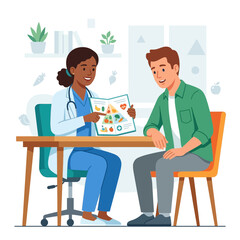 Fototapeta premium Doctor consulting patient on healthy eating and nutrition pyramid in a modern clinic office.