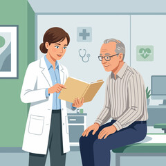 Obraz premium Doctor consults with elderly patient in examination room, discussing medical results from folder