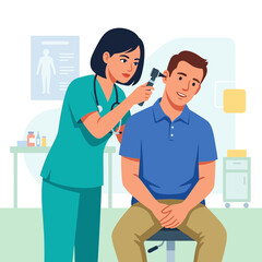 Fototapeta premium Doctor Examining Patient's Ear with Otoscope in Clinic - Medical Check-up Illustration