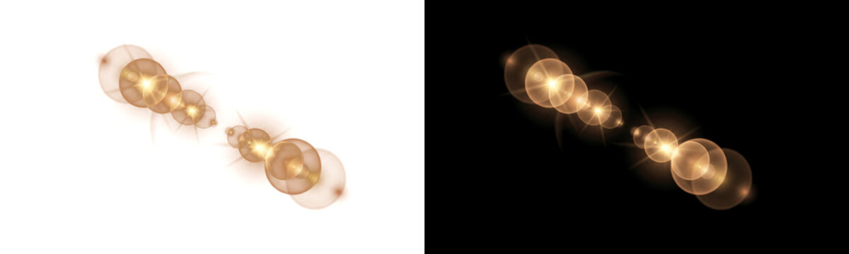 A beautiful golden lens flare light effect featuring glowing circles and soft rays of light captured as an isolated object isolated on transparent background