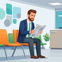 Fototapeta premium Frustrated Businessman Reading Newspaper in Waiting Room
