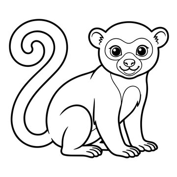 Cute cartoon lemur sitting with a long curled tail, simple black and white line for coloring pages on a white background