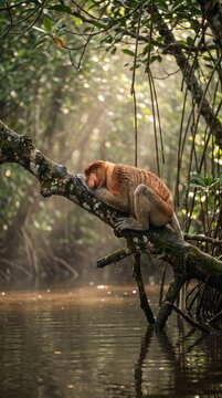 Proboscis monkey dozing on gnarled mangrove branch above misty Borneo river in soft morning light