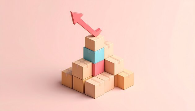 Isometric Stacked Cardboard Boxes with Red Upward Arrow Representing Logistics and E-commerce Sales Growth
