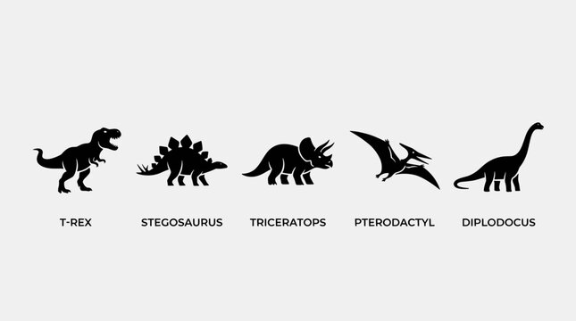 Set of silhouettes of different prehistoric dinosaur species