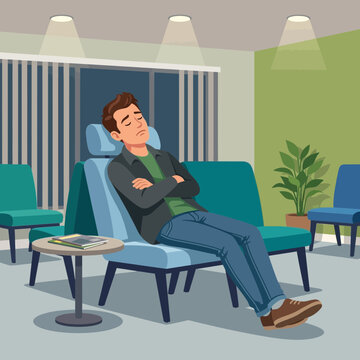 Man sleeping in waiting room chair, tired expression, modern minimalist interior design, soft lighting