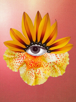 Contemporary art collage. Eyeball in flower. Modern conceptual art poster with a lotus with beautiful blue eye in a mas surrealism style.