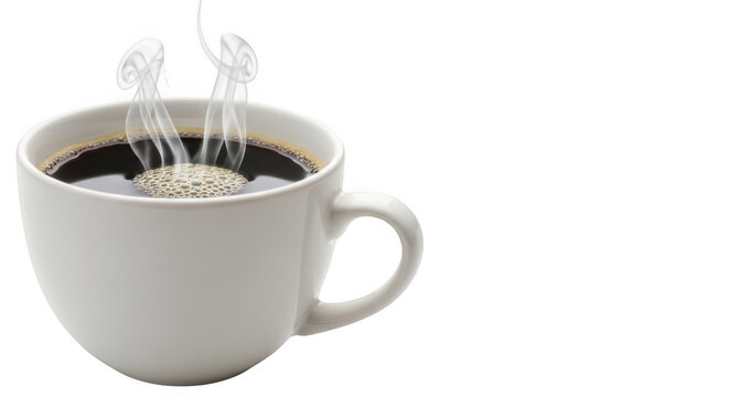 Hot steaming cup of black coffee isolated on transparent background
