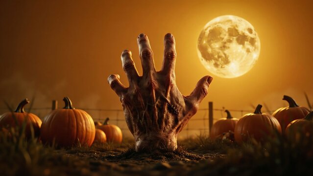 Spooky halloween scene with zombie hand, pumpkins and full moon in an autumn field