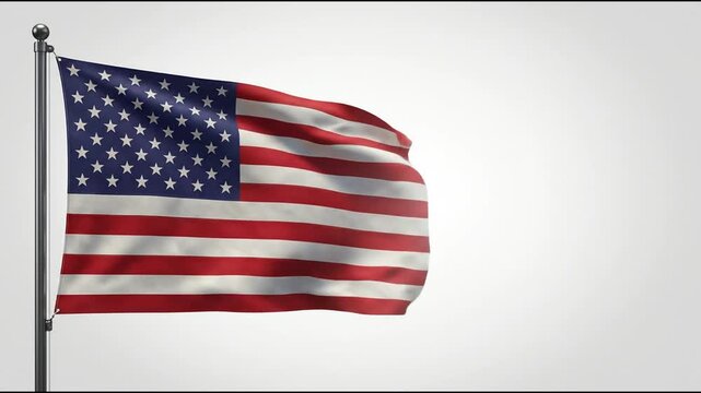American flag waving on a pole isolated against a plain white background