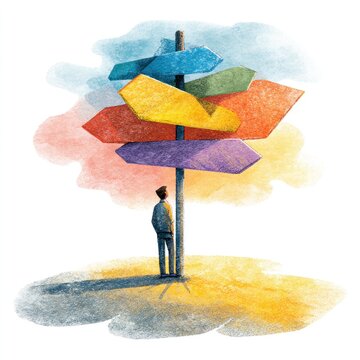 Man at crossroads with colorful signposts