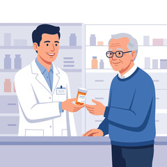 Obraz premium Pharmacist Hands Prescription Bottle to Elderly Patient