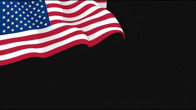 Animated USA flag waving in the corner of a black background with copy space.