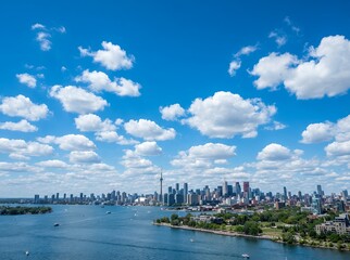 Obraz premium Vast Blue Sky with Fluffy Clouds Over a Distant City Skyline and Water.