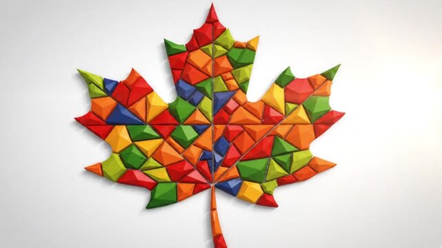 Abstract maple leaf explodes into colorful geometric fragments with geometric shapes disintegrating disintegrating cloud triangular triangular pieces then