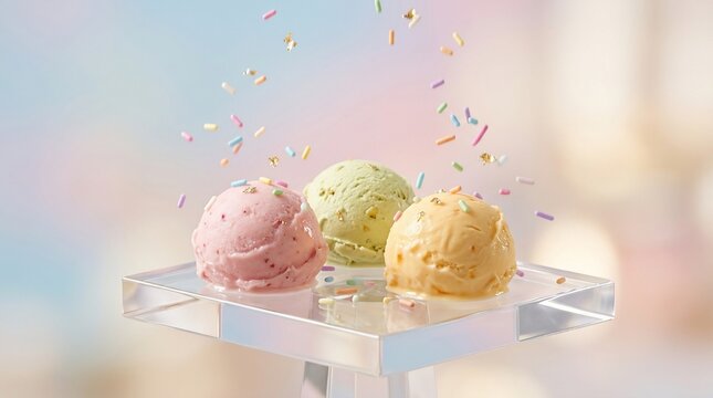 Assorted ice cream scoops with sprinkles falling in soft light