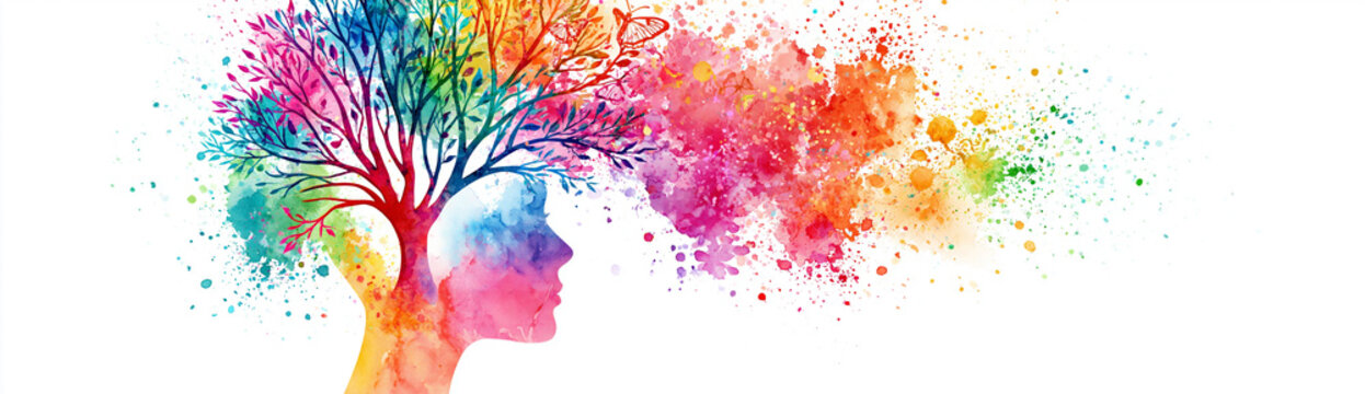 A colorful artistic illustration of a human profile blending with a vibrant, multicolored tree and abstract paint splashes.