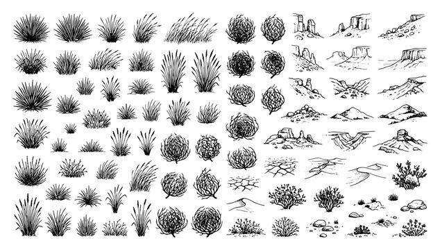 Hand drawn desert vegetation and landscape elements collection featuring various bushes and rocky terrain in ink style