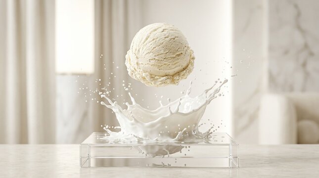 Creamy ice cream scoop splashing into milk creating dynamic frozen dessert motion