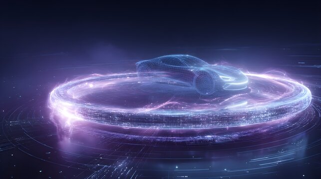 Holographic Blue Wireframe Sports Car Levitating Above Luminous Superconductor Magnetic Wafer Ring Platform in Dark Cyber Space