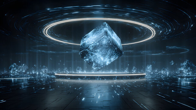 Cube of blue energy floats inside a futuristic technological chamber.