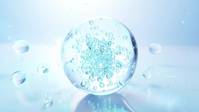 3D illustration of a transparent blue serum bubble filled with tiny hydrating particles, surrounded by water droplets in a clean beauty and skincare environment.