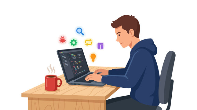 Young male software developer coding on laptop at desk with colorful technology icons flat vector element