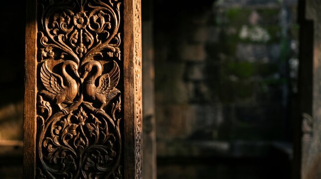 Ancient Sri Lankan traditional wooden pillar carving detail copy space
