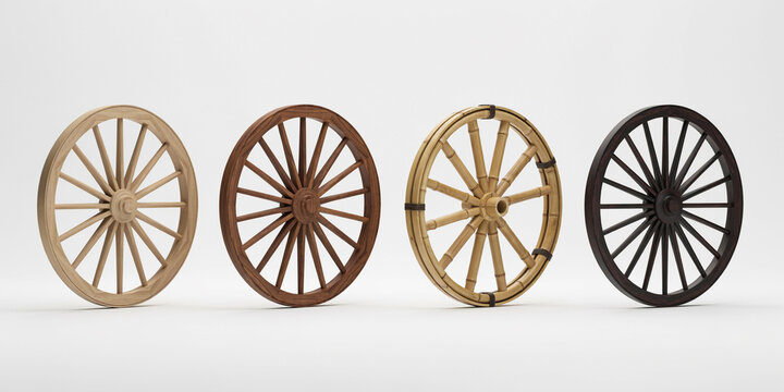 Collection of four vintage wooden wagon wheels with distinctive spoke