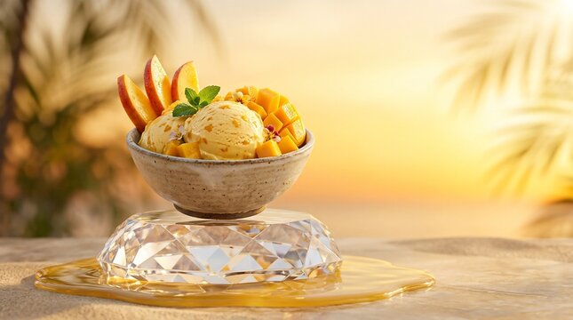 Tropical mango ice cream dessert with fresh fruit garnish