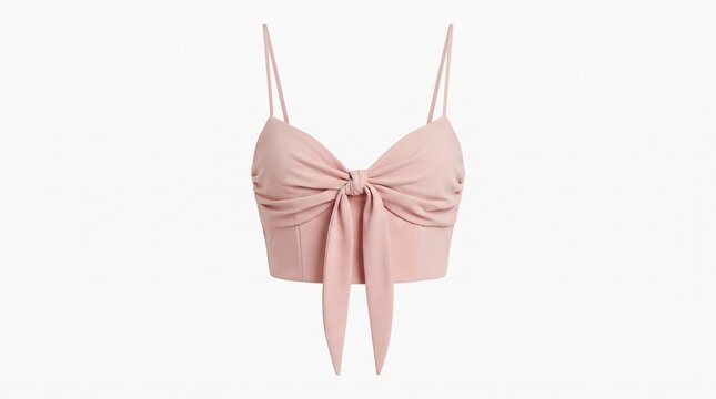 Pink cropped camisole top with front tie detail. Stylish summer bralette, feminine pastel apparel for fashion retail and e-commerce.