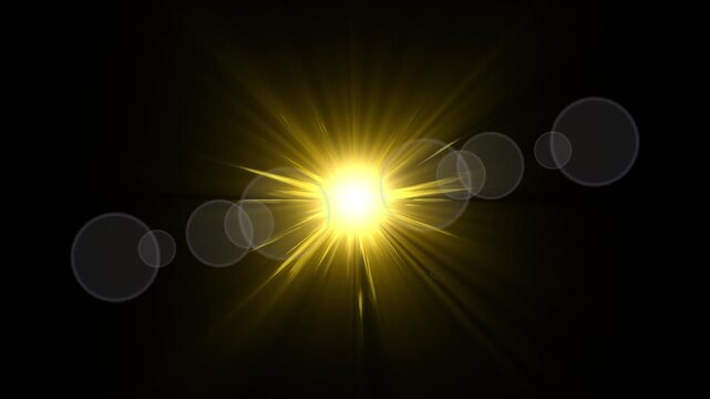 golden Lens Flare Magical Flash Light with Bright Sunlight and a Realistic Lens Flare Animation. Optical Rays, 4k Loop Rotating Flickering Glow Star Lights Optical Shiny Lighting Lamp Rays Effect