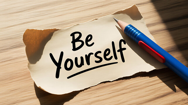 Be Yourself message on torn paper with a blue red pencil on a wooden desk surface 