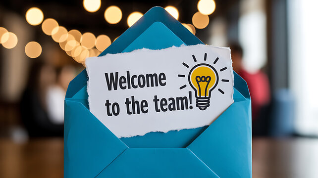 Blue envelope with torn paper message Welcome to the team and a lightbulb 