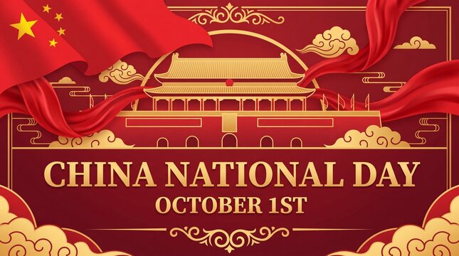 Image is a digital illustration celebrating China National Day. It features a vibrant red and gold color scheme, with a prominent Chinese national flag in the upper left corner, displaying five yellow