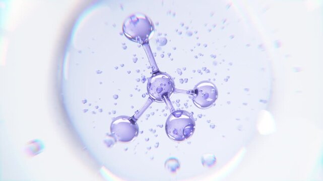 3D illustration of a purple molecular structure suspended inside a transparent serum bubble, representing skincare ingredients, biotechnology, molecular science, hydration, and cosmetic research.