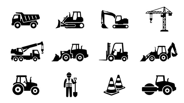 Construction Machinery Icons &ndash; Trucks, Cranes, Excavators, Tools