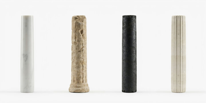 Four architectural columns including marble, rough stone, and granite pillars