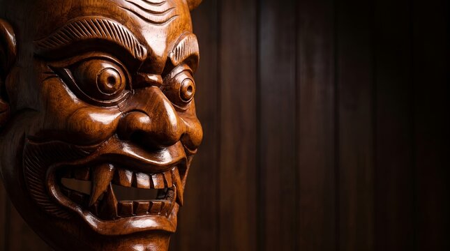 Unpainted raw wooden Sri Lankan Raksha mask carving copy space