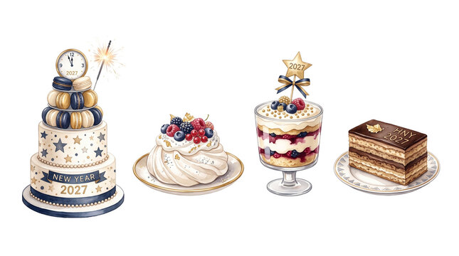 Festive 2027 New Year cake pavlova and trifle set for New Year Day celebration