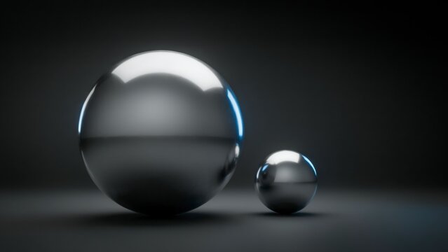 Two polished chrome spheres of different sizes on a dark surface