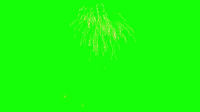 Yellow fireworks burst brightly in the sky against a solid bright green chroma key backdrop layer.