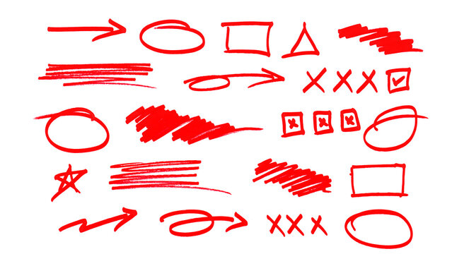 Red pen marker element set. Hand drawn highlight arrows, underline lines, check marks and decorative star and round scribble frame icons.