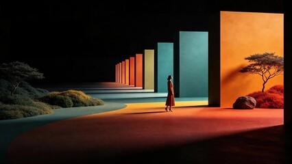 Woman in long red dress walking along perspective lined colorful vertical blocks with green trees and bushes on curved path against dark black background showing surreal abstract minimalist art